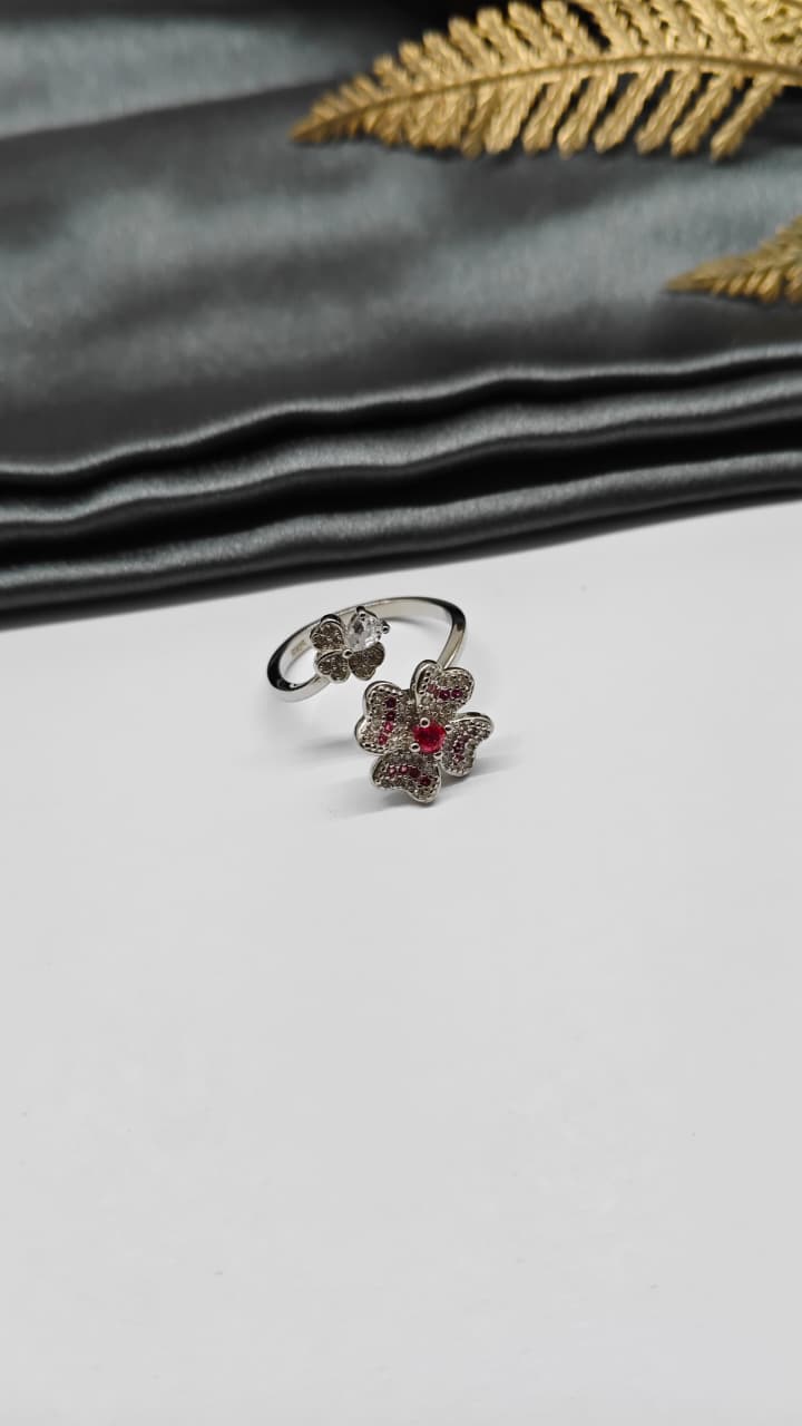 925 Silver Adjustable White Stone With Red Stone Rotating Flower Design Ladies Ring