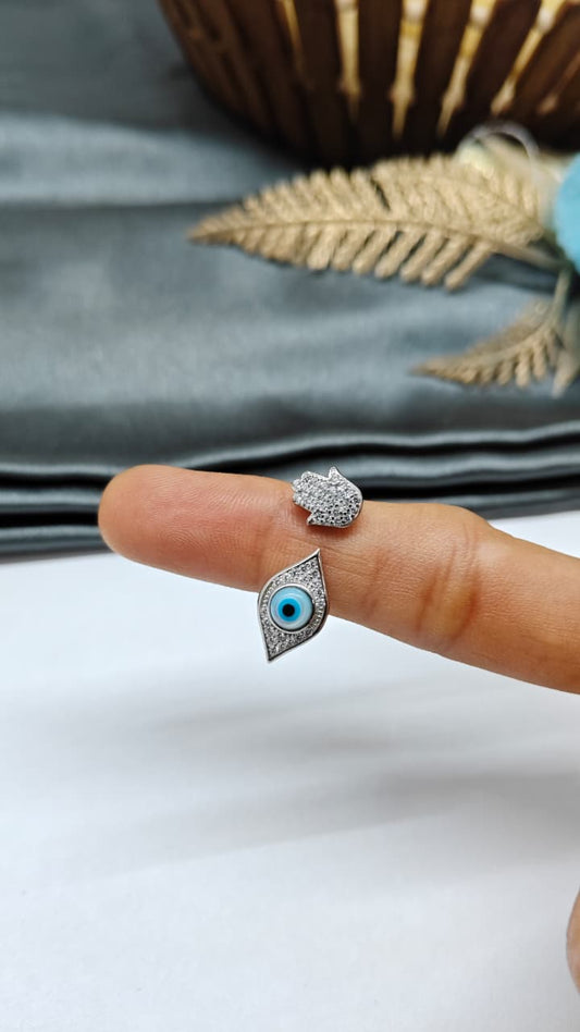 925 Silver Adjustable Evil Eye White Stone Hand Design Ring