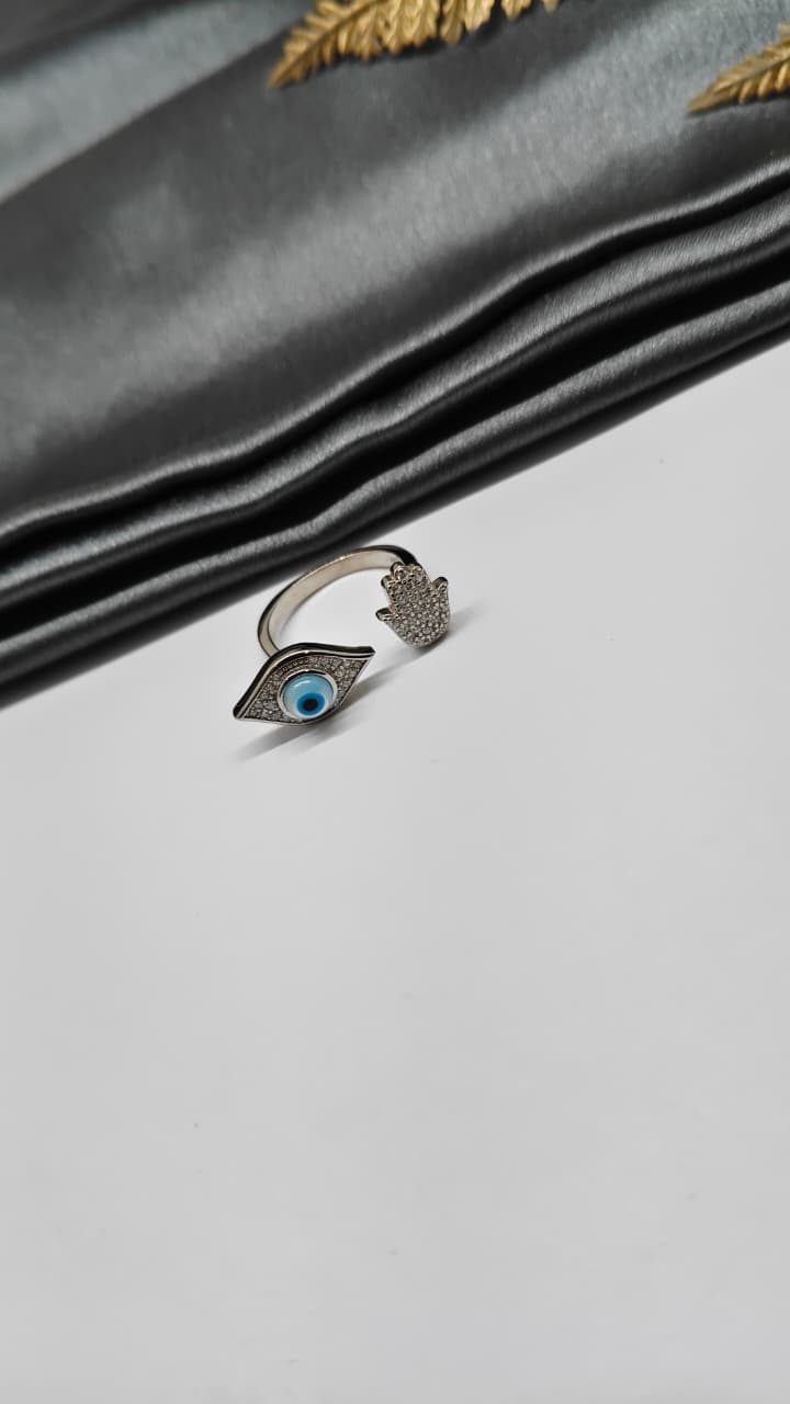 925 Silver Adjustable Evil Eye White Stone Hand Design Ring