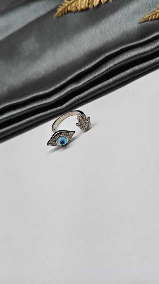 925 Silver Adjustable Evil Eye White Stone Hand Design Ring