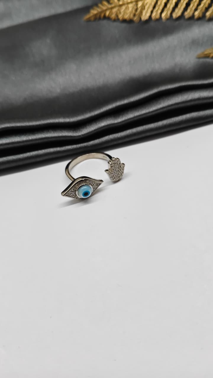 925 Silver Adjustable Evil Eye White Stone Hand Design Ring