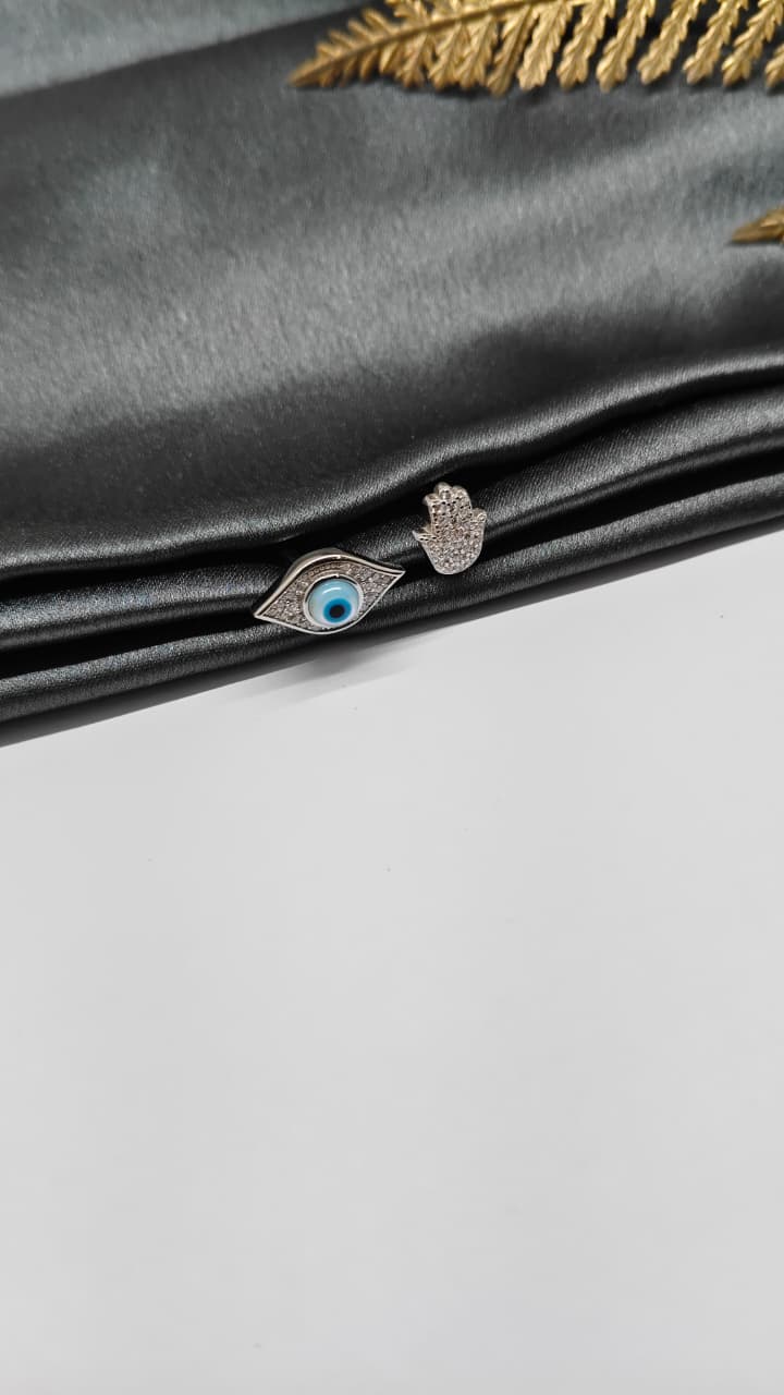 925 Silver Adjustable Evil Eye White Stone Hand Design Ring