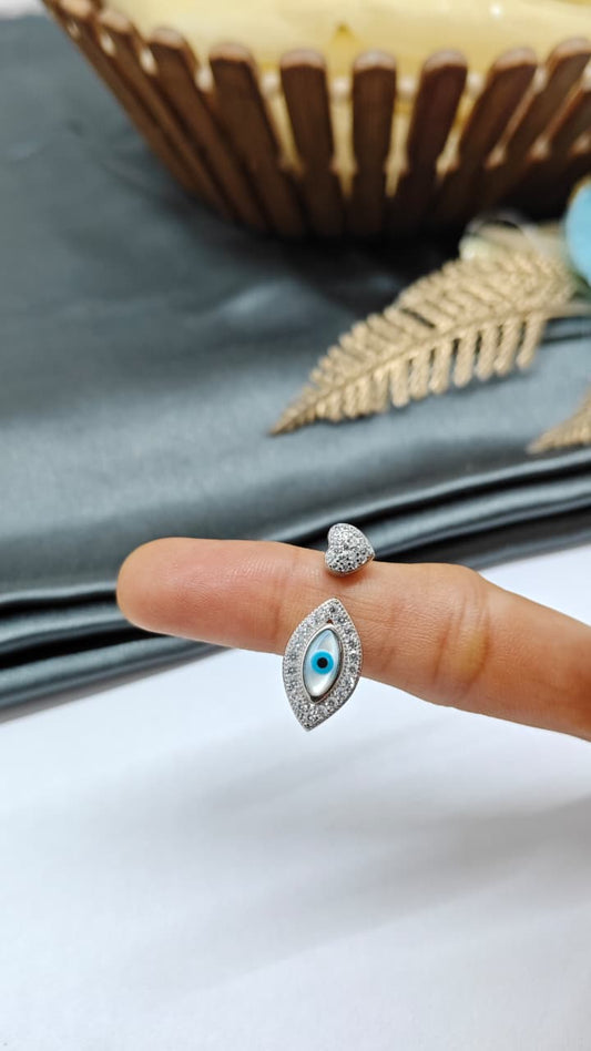 925 Silver Adjustable Evil Eye White Stone Heart Design Ring