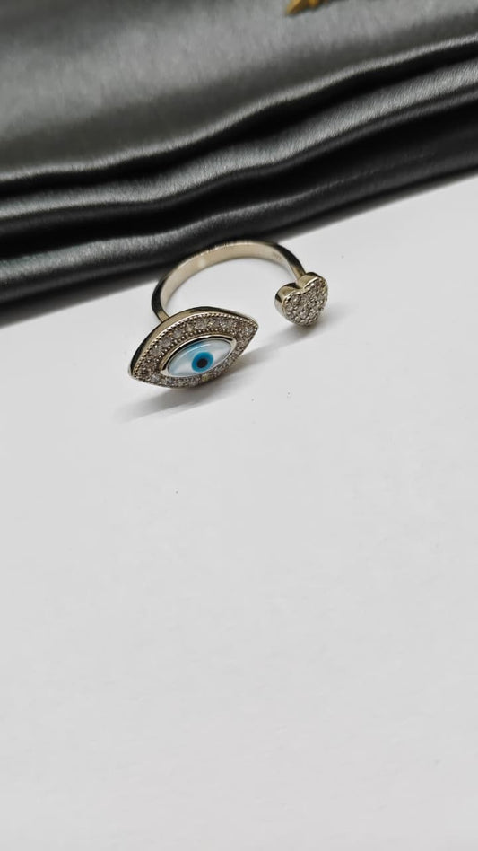 925 Silver Adjustable Evil Eye White Stone Heart Design Ring