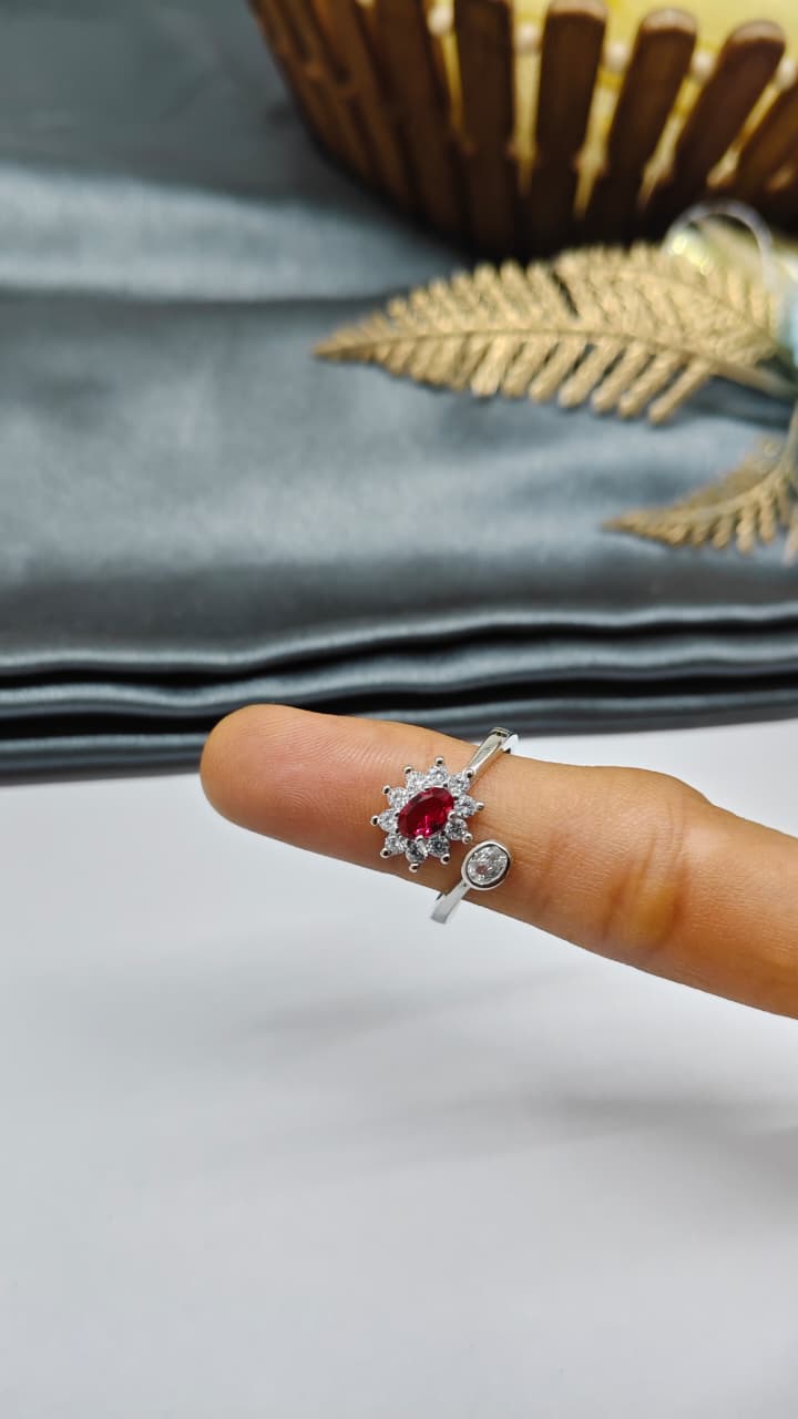 925 Silver Adjustable White Stone With Red Stone Design Ring