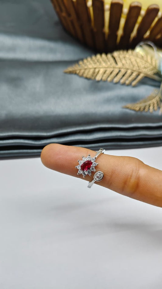 925 Silver Adjustable White Stone With Red Stone Design Ring
