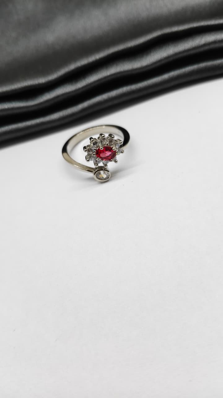 925 Silver Adjustable White Stone With Red Stone Design Ring
