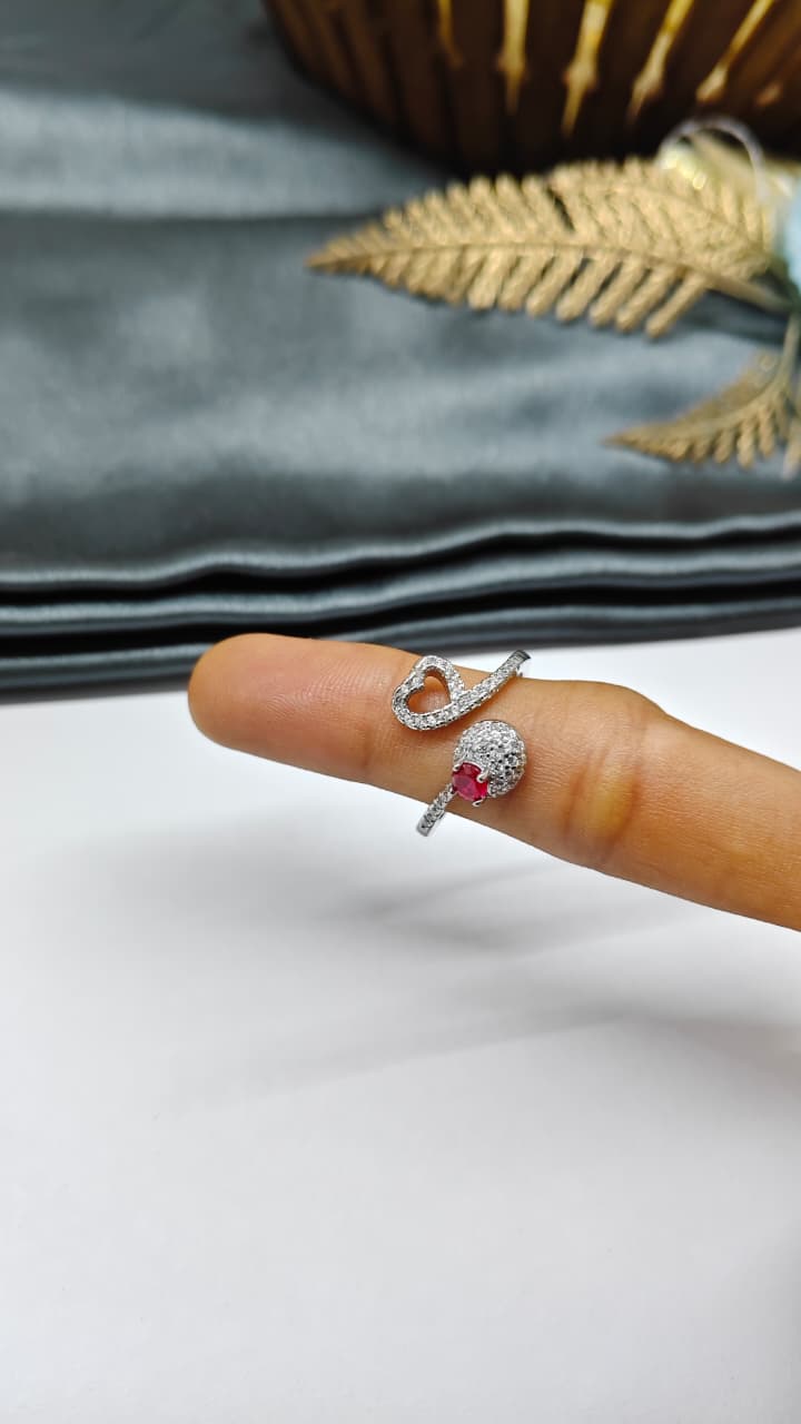 925 Silver Adjustable White Stone With Red Stone Heart Design Ring