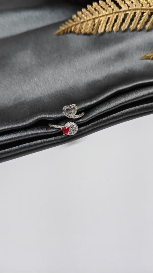 925 Silver Adjustable White Stone With Red Stone Heart Design Ring