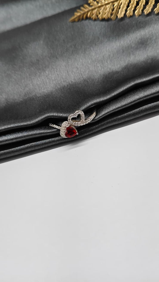 925 Silver Adjustable White Stone With Red Stone Double Heart Design Ring