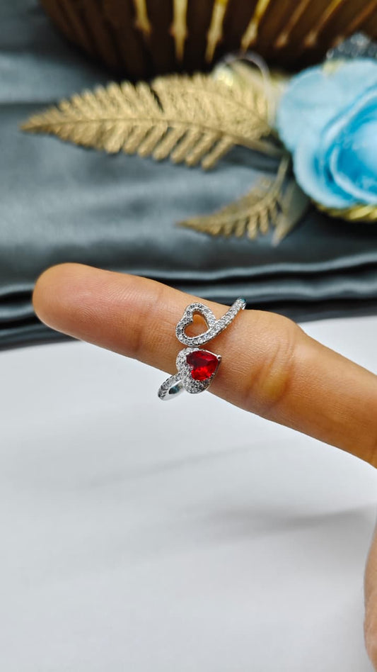 925 Silver Adjustable White Stone With Red Stone Double Heart Design Ring