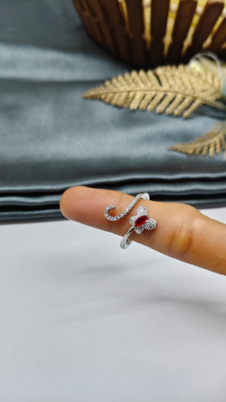 925 Silver Adjustable White Stone With Red Stone Butterfly Design Ring