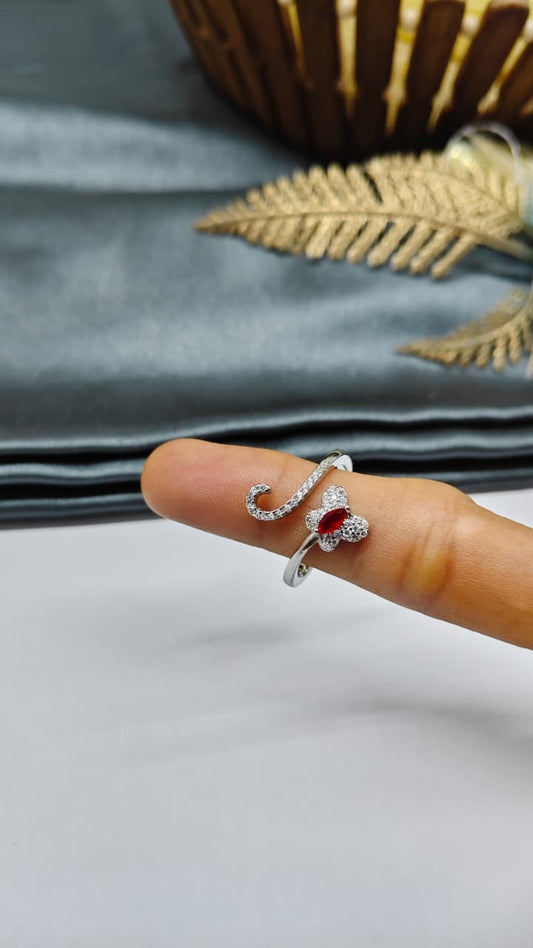 925 Silver Adjustable White Stone With Red Stone Butterfly Design Ring