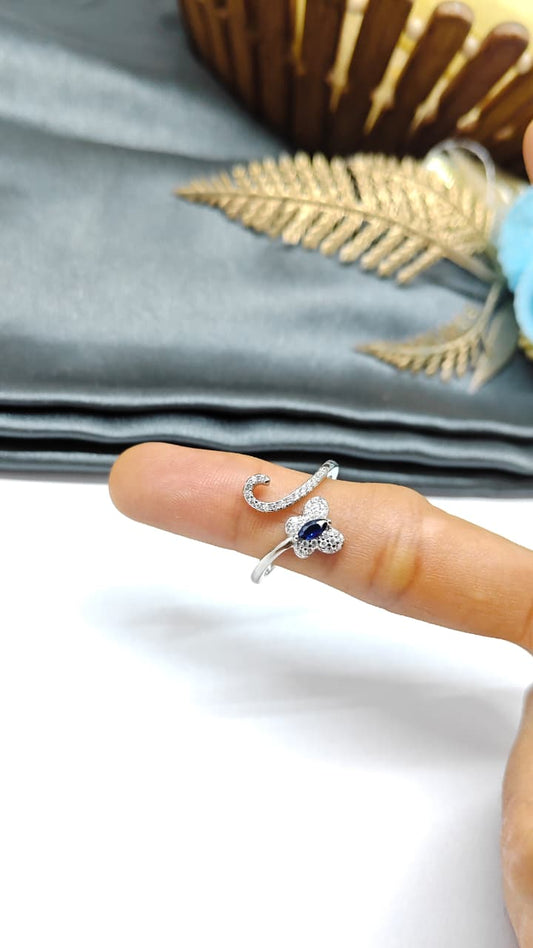 925 Silver Adjustable White Stone With Blue Stone Butterfly Design Ring