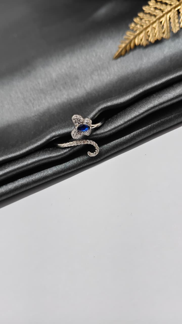 925 Silver Adjustable White Stone With Blue Stone Butterfly Design Ring