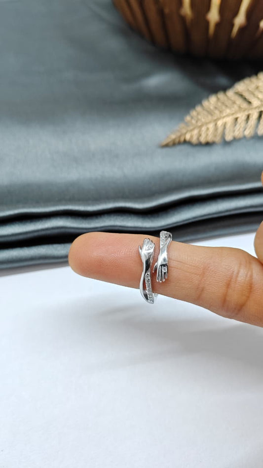 925 Silver Adjustable White Stone Hug Design Ring