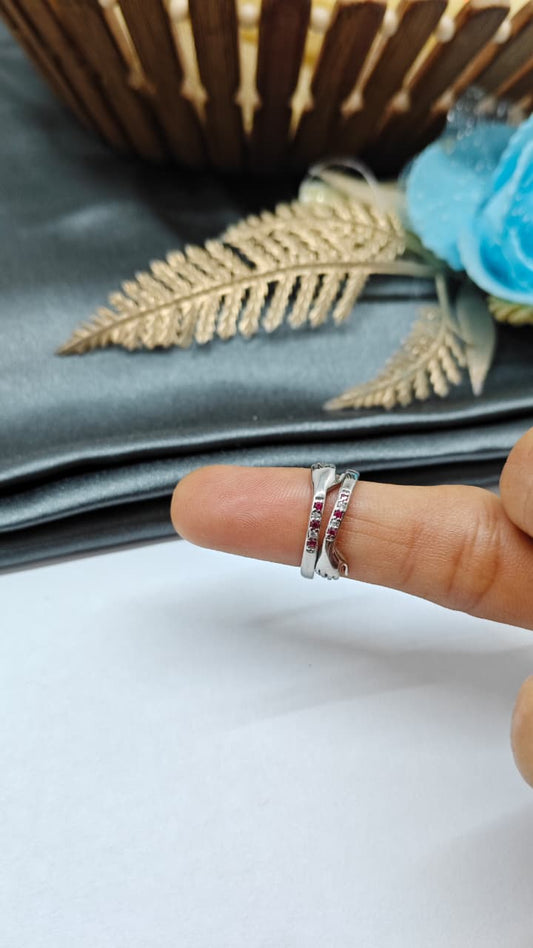 925 Silver Adjustable White Stone with Red Stone Hug Design Ring