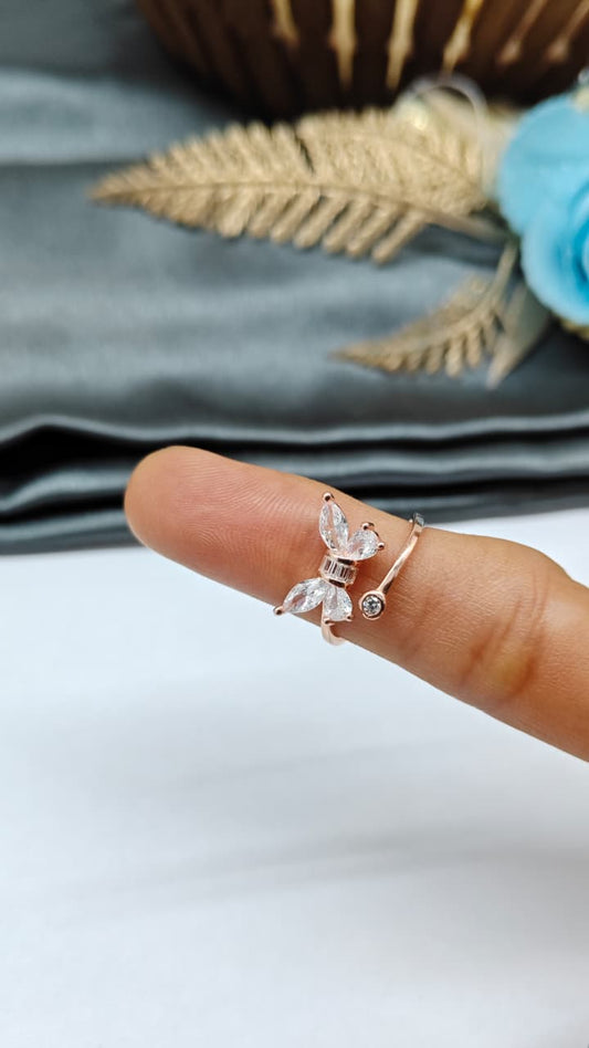 925 Silver Rose Gold Colour With White Stone Adjustable Butterfly Design Ladies Ring
