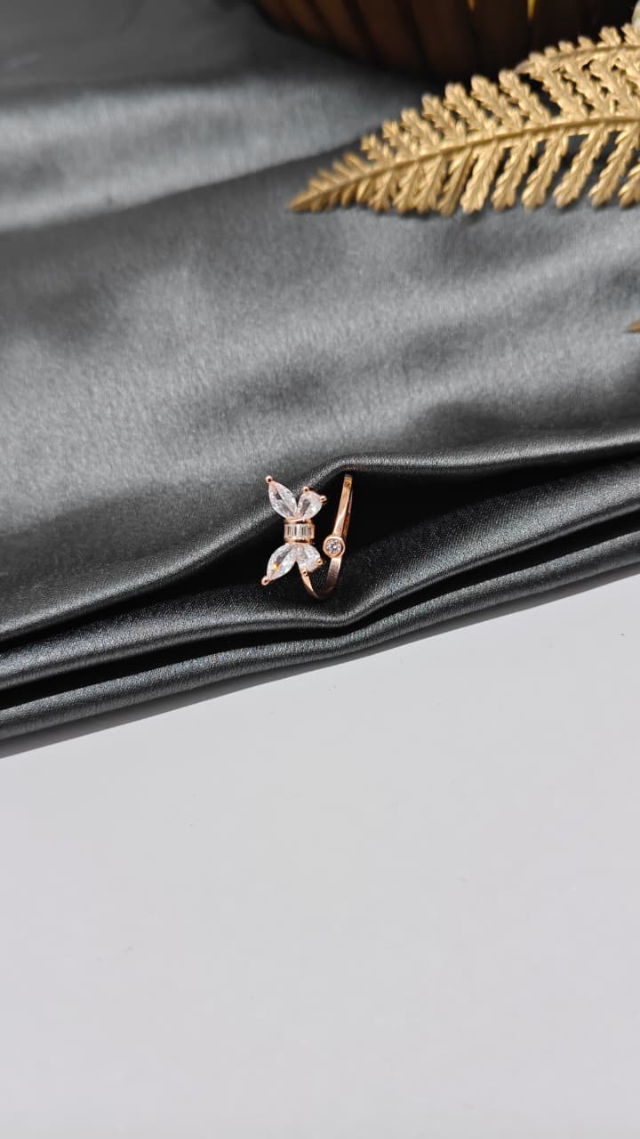 925 Silver Rose Gold Colour With White Stone Adjustable Butterfly Design Ladies Ring