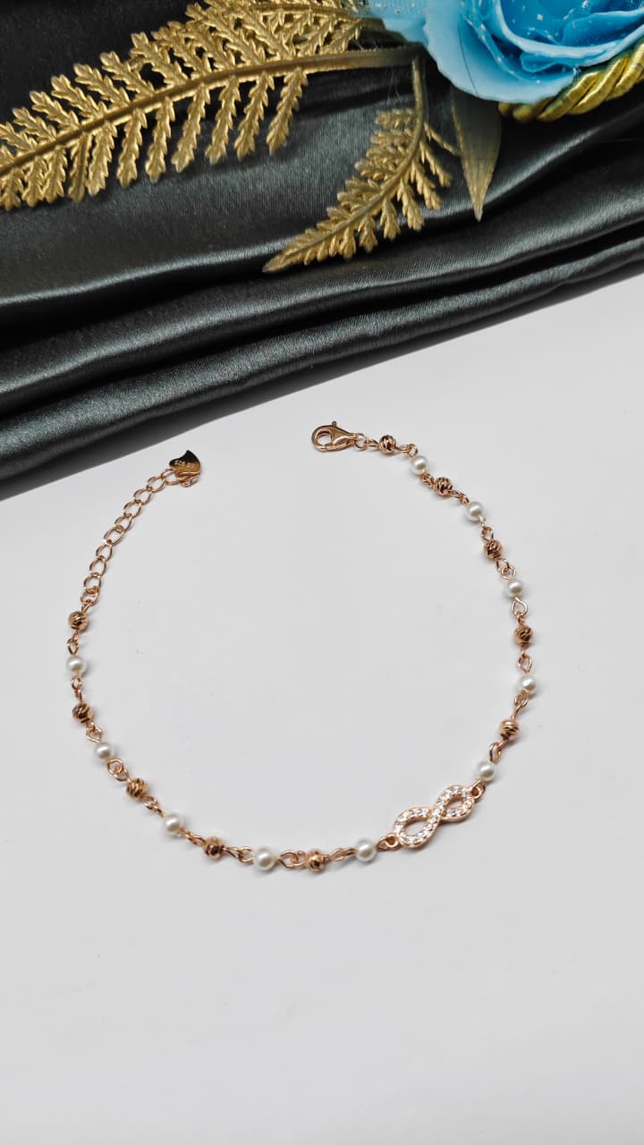 925 Silver Rose Gold Colour Pearl With Infinity Design Bracelet