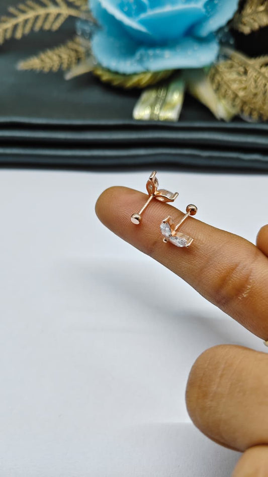925 Silver Rose Gold 2 White Stone Butterfly Design Bugadi Earrings
