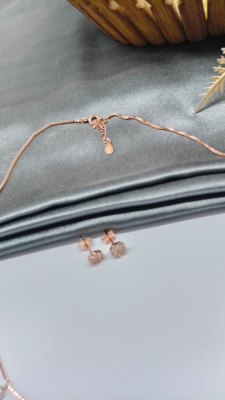 925 Silver Rose Gold Colour Hanging Design White Stone Design Necklace Set