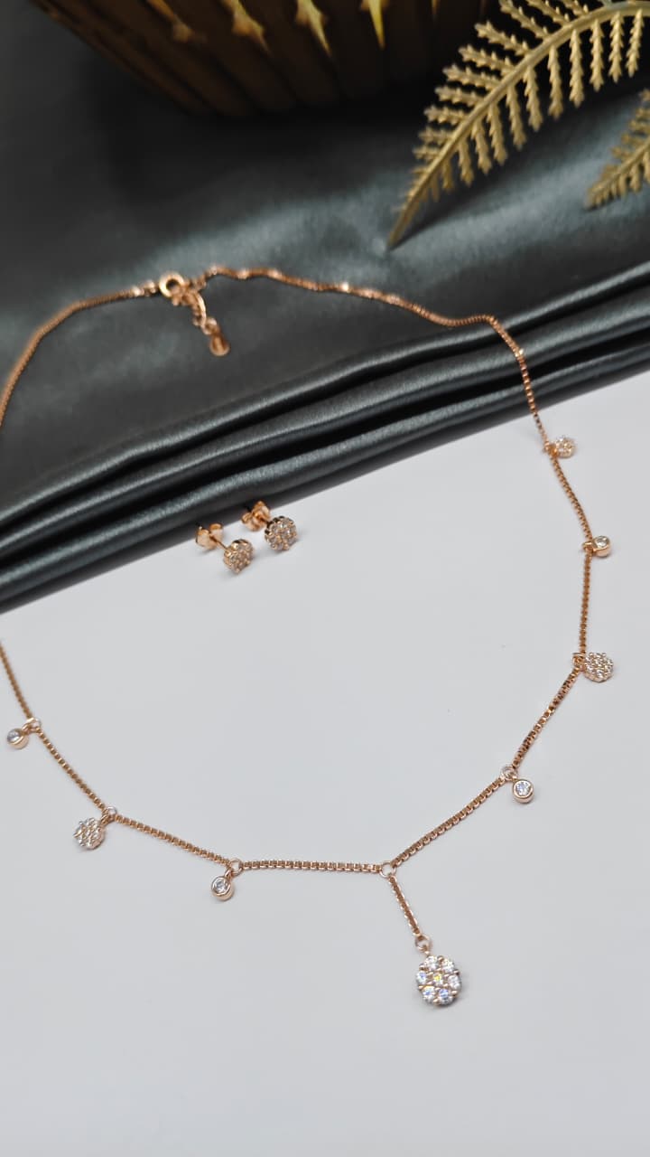 925 Silver Rose Gold Colour Hanging Design White Stone Design Necklace Set