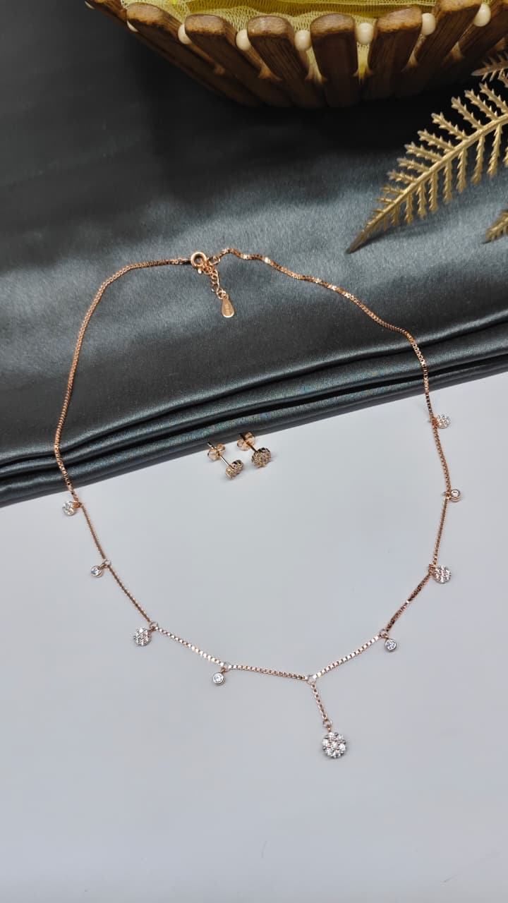 925 Silver Rose Gold Colour Hanging Design White Stone Design Necklace Set