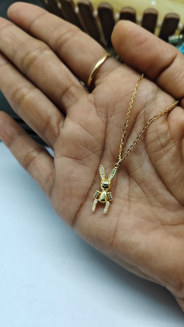 925 Silver Gold Colour Bear Design White Stone Chain With Pendant