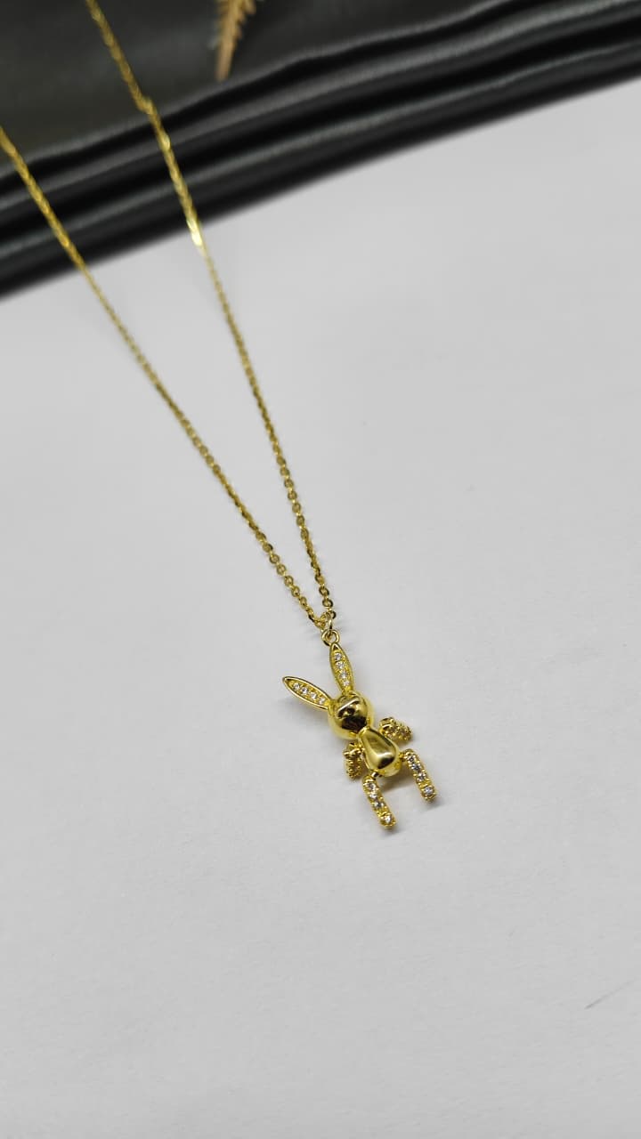 925 Silver Gold Colour Bear Design White Stone Chain With Pendant