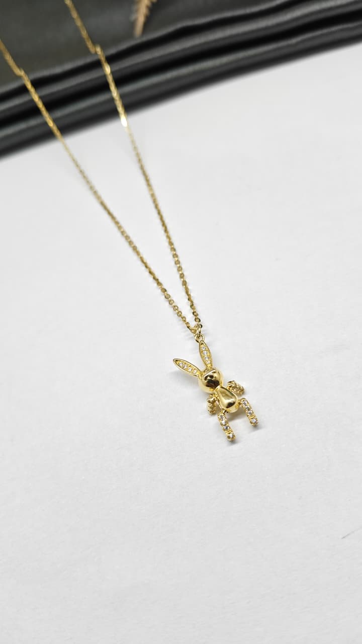 925 Silver Gold Colour Bear Design White Stone Chain With Pendant
