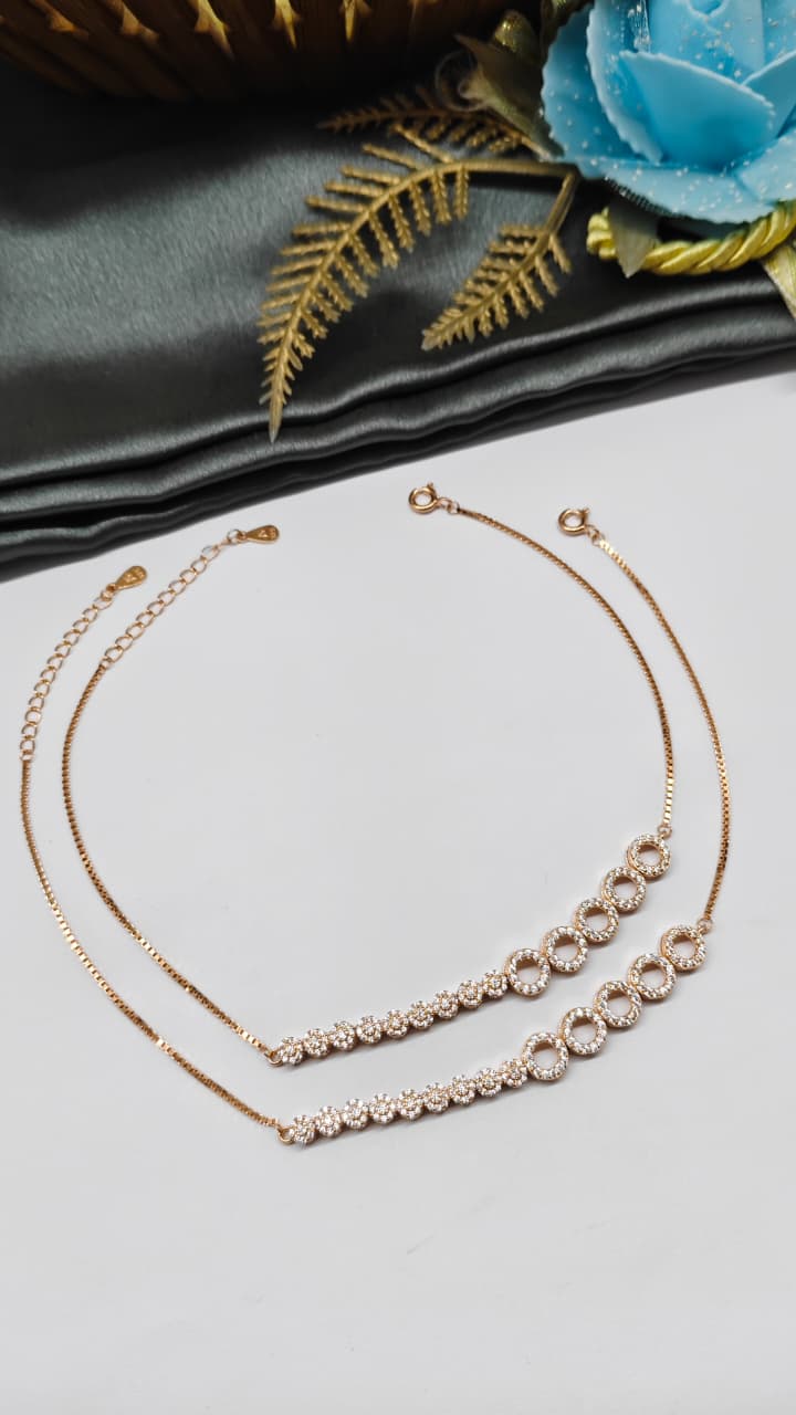 925 Silver Rose Gold Colour White Stone Design Anklets
