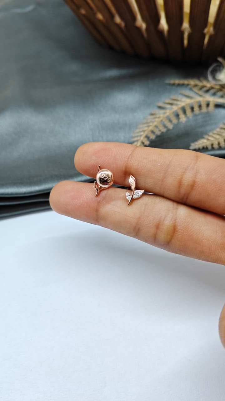 925 Silver Rose Gold Leaf Design With White Stone Earrings