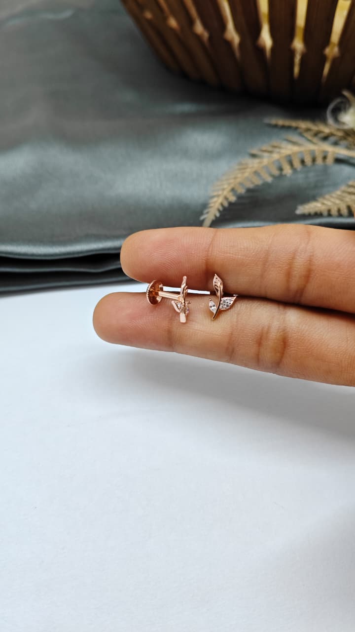 925 Silver Rose Gold Leaf Design With White Stone Earrings