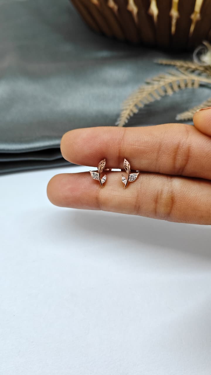 925 Silver Rose Gold Leaf Design With White Stone Earrings