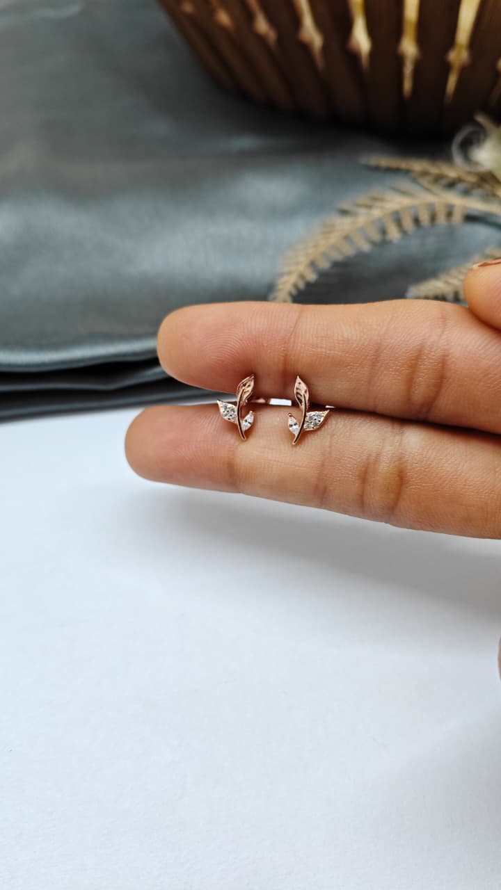 925 Silver Rose Gold Leaf Design With White Stone Earrings