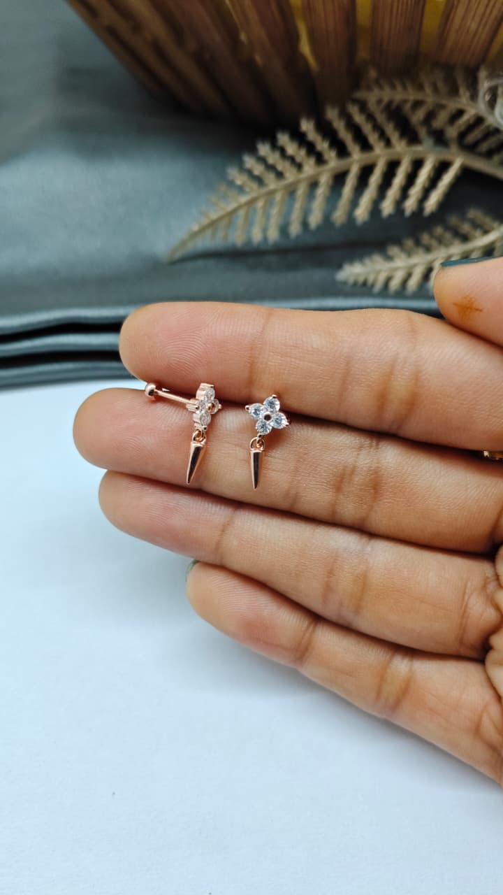 925 Silver Rose Gold 4 White Stone With Hanging Design Bugadi Earrings