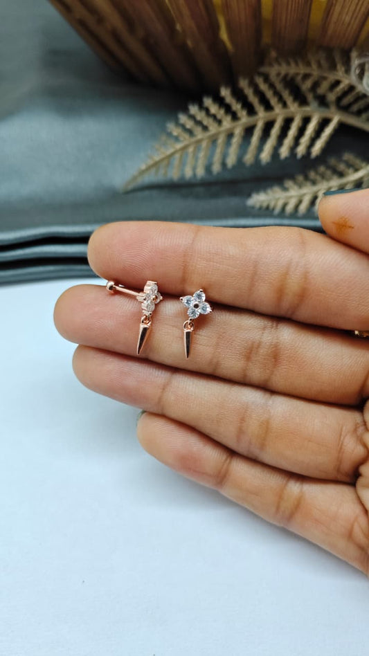 925 Silver Rose Gold 4 White Stone With Hanging Design Bugadi Earrings