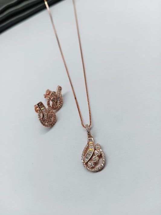 925 Silver Rose Gold Colour White Stone Design Chain Pendant With Earrings Set