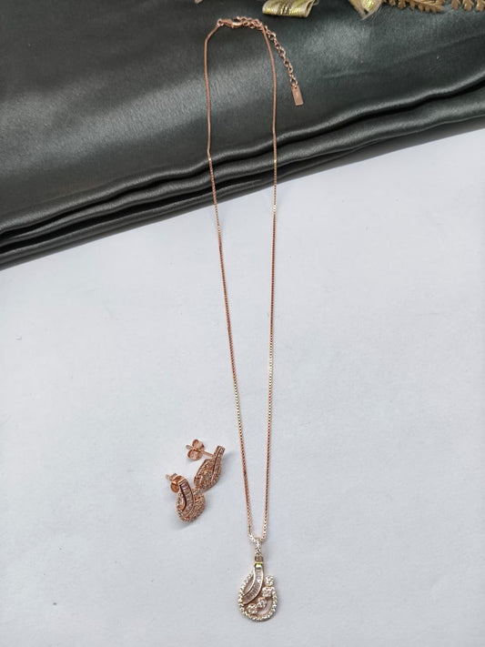 925 Silver Rose Gold Colour White Stone Design Chain Pendant With Earrings Set