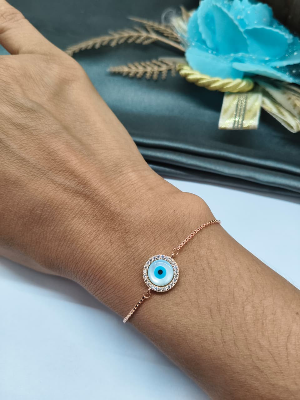 925 Silver Rose Gold Colour Round Pattern Evil Eye Design Bracelet