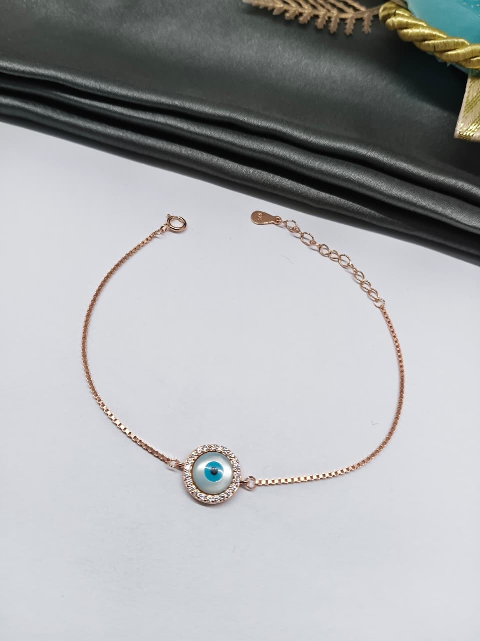 925 Silver Rose Gold Colour Round Pattern Evil Eye Design Bracelet