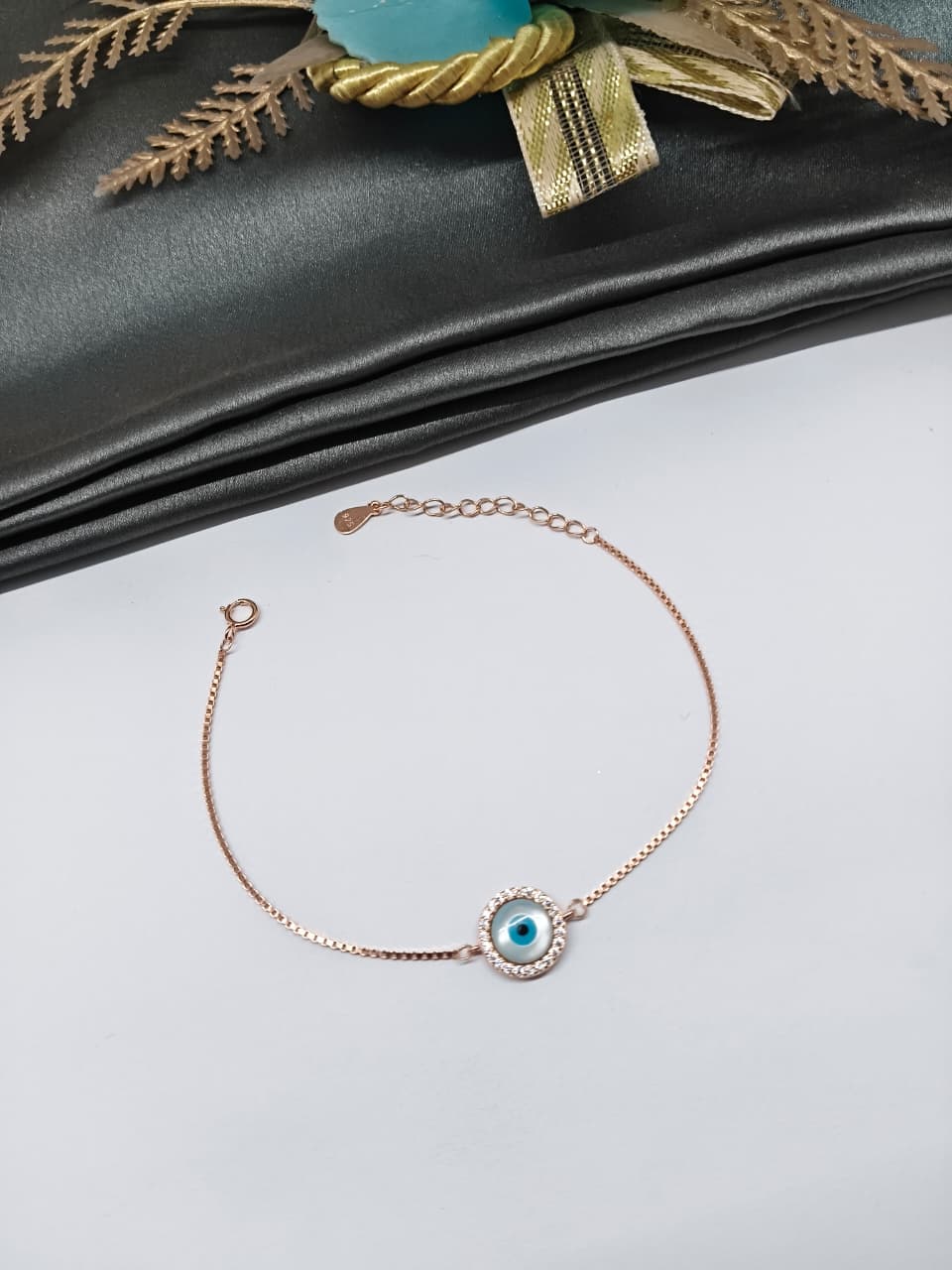 925 Silver Rose Gold Colour Round Pattern Evil Eye Design Bracelet