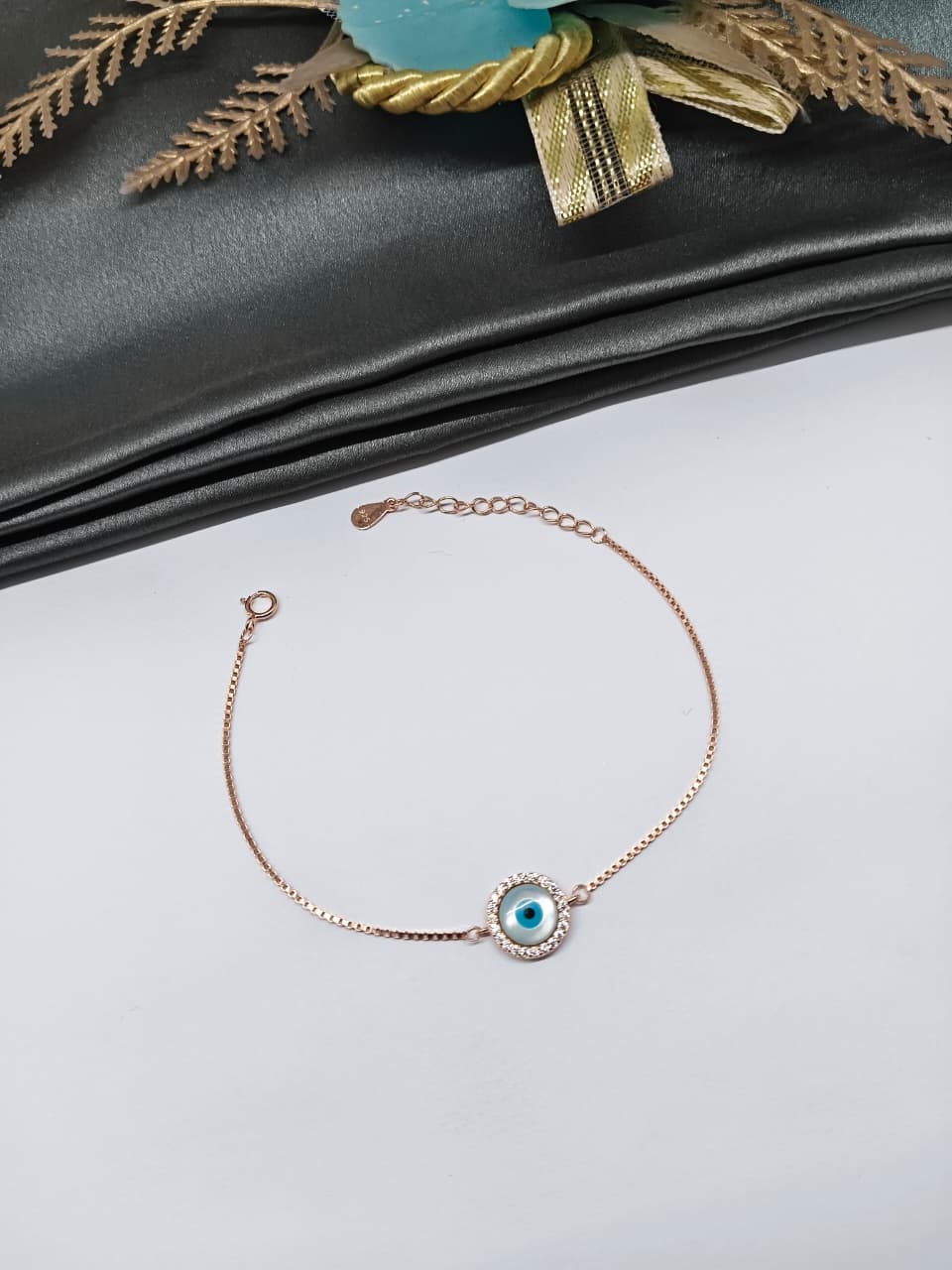 925 Silver Rose Gold Colour Round Pattern Evil Eye Design Bracelet