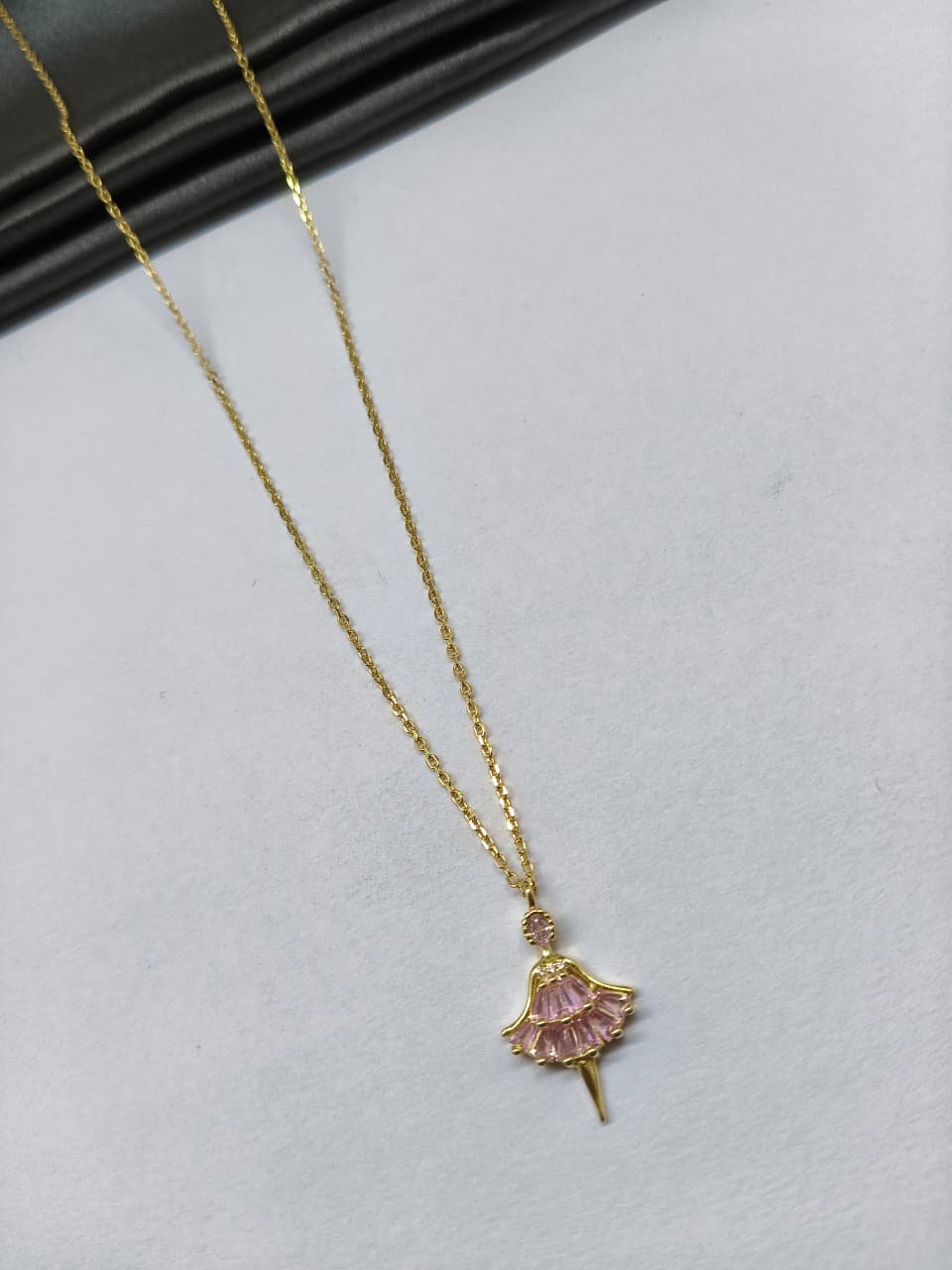 925 Silver Gold Colour Fairy Design Pink Stone Chain With Pendant