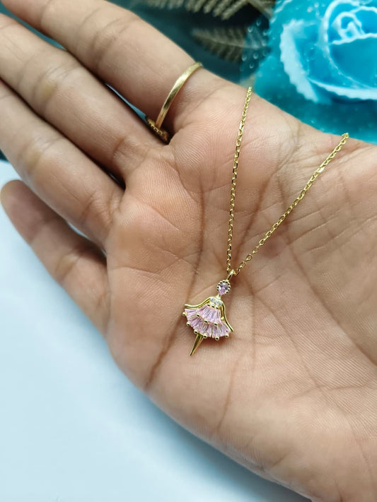 925 Silver Gold Colour Fairy Design Pink Stone Chain With Pendant