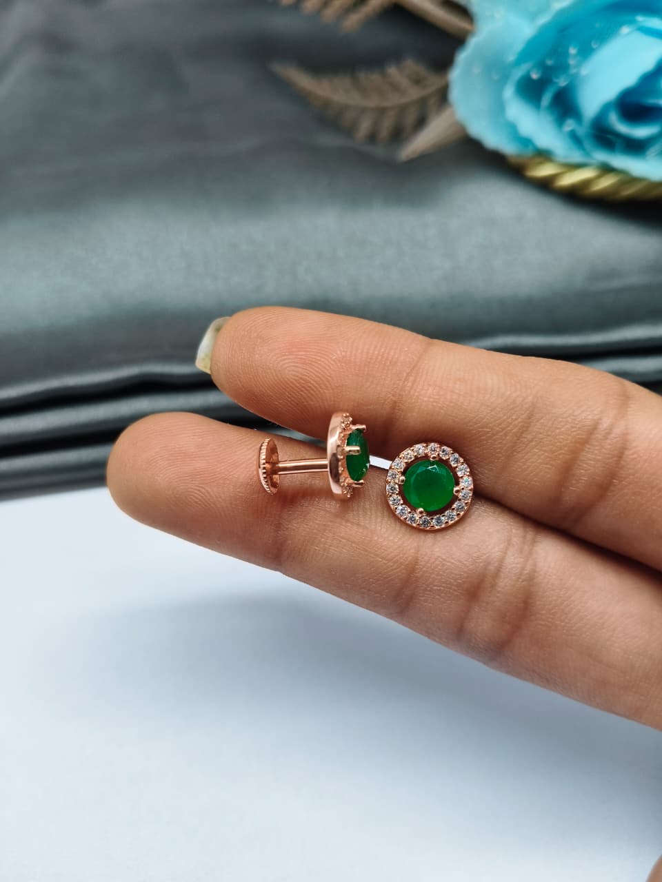 925 Silver Rose Gold Round Design 1 Green With Small White Stone Earrings