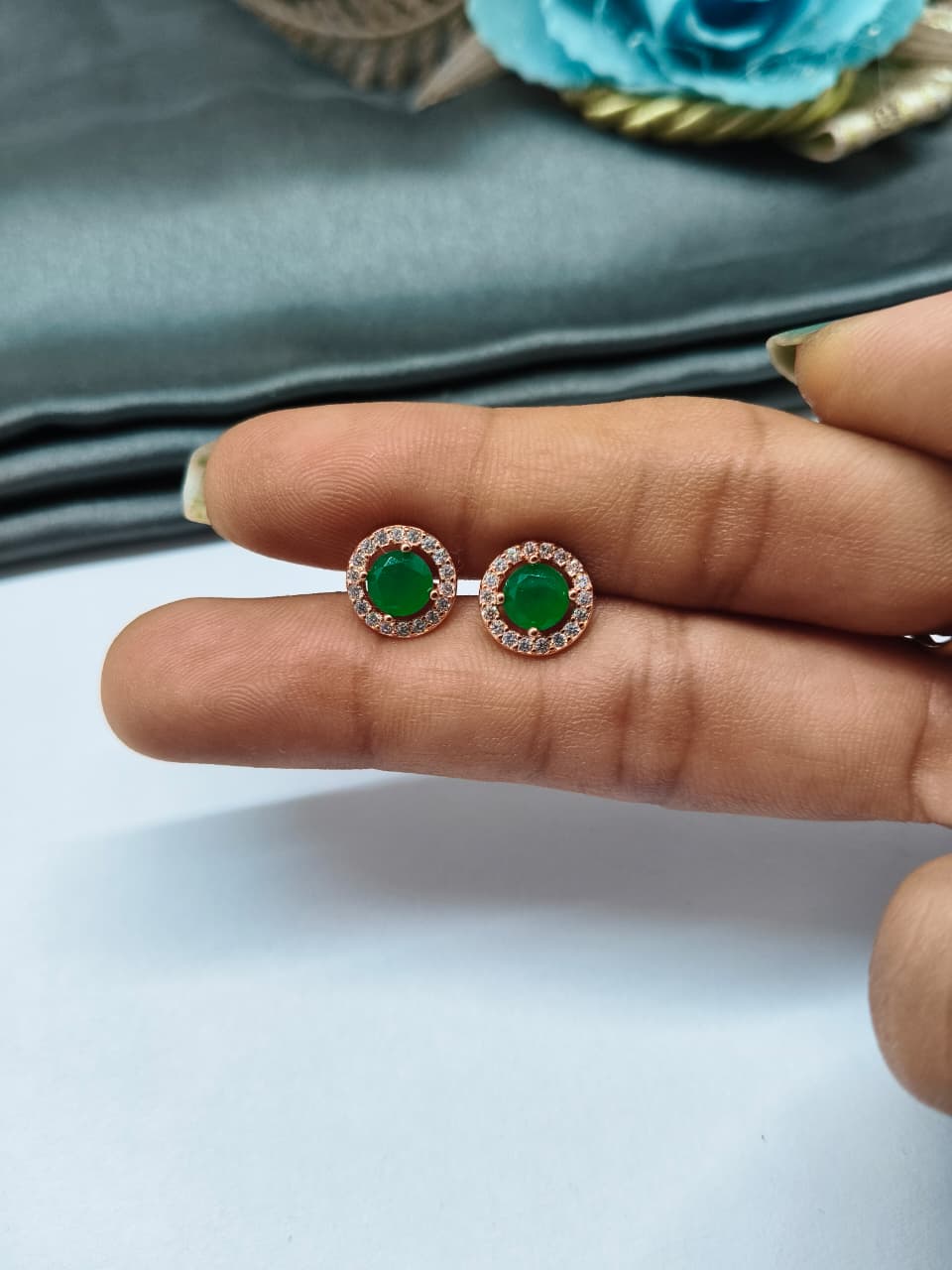 925 Silver Rose Gold Round Design 1 Green With Small White Stone Earrings