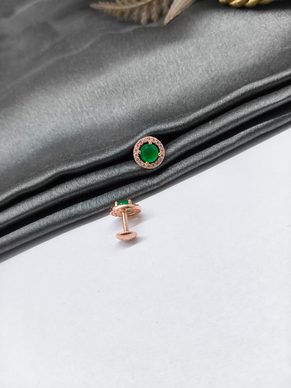 925 Silver Rose Gold Round Design 1 Green With Small White Stone Earrings