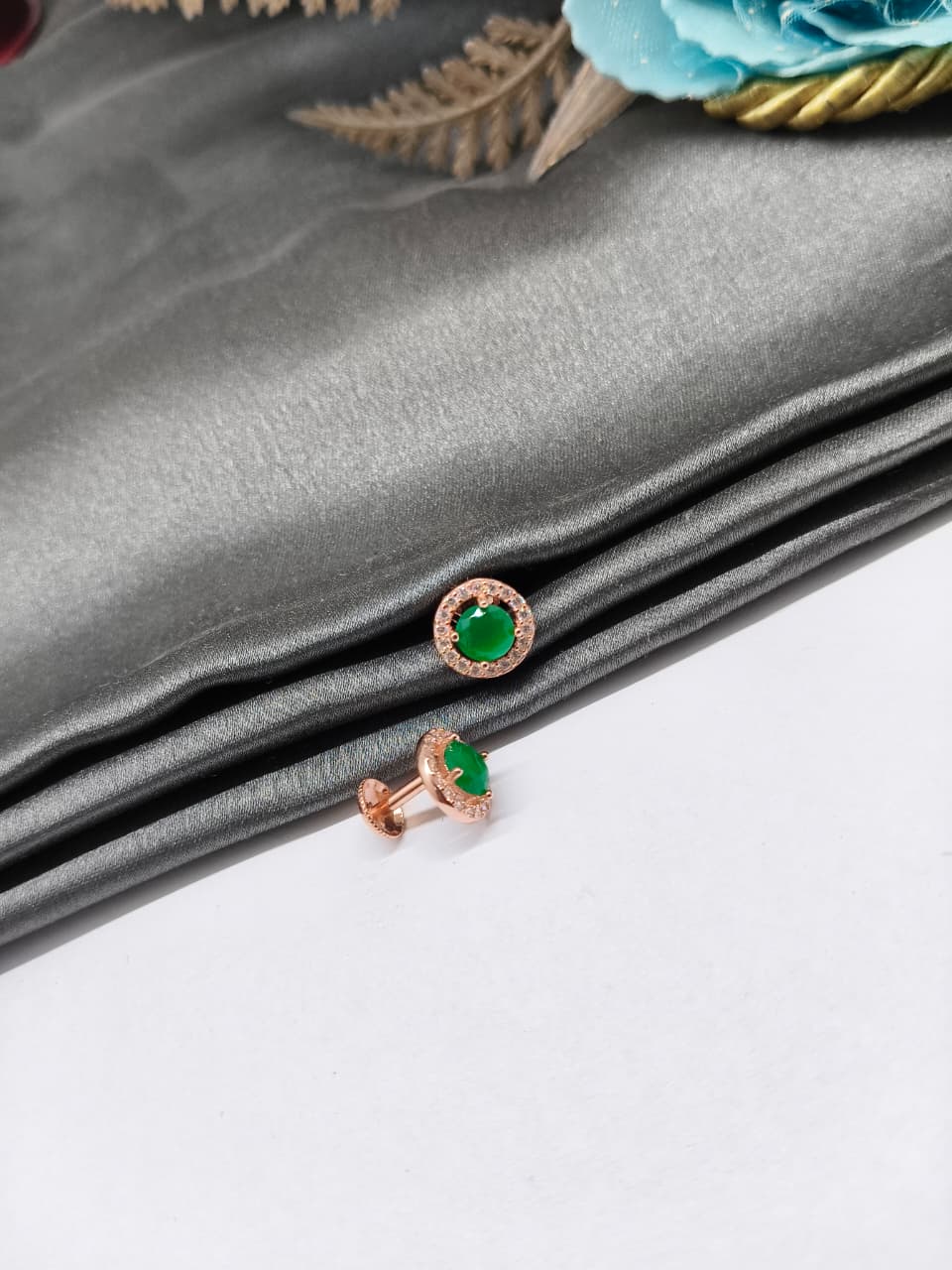925 Silver Rose Gold Round Design 1 Green With Small White Stone Earrings
